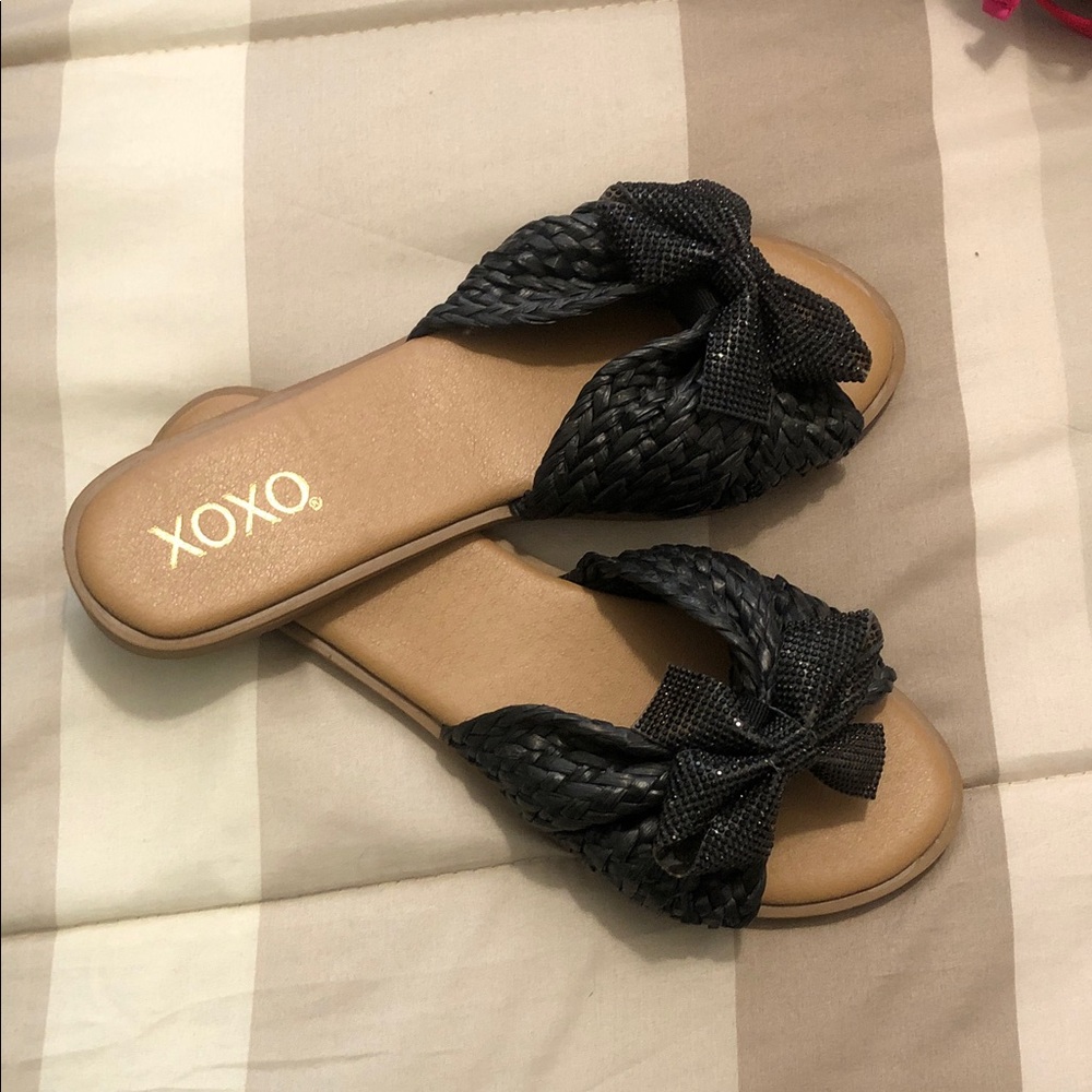 XOXO Black Braided Bow Slide Sandals